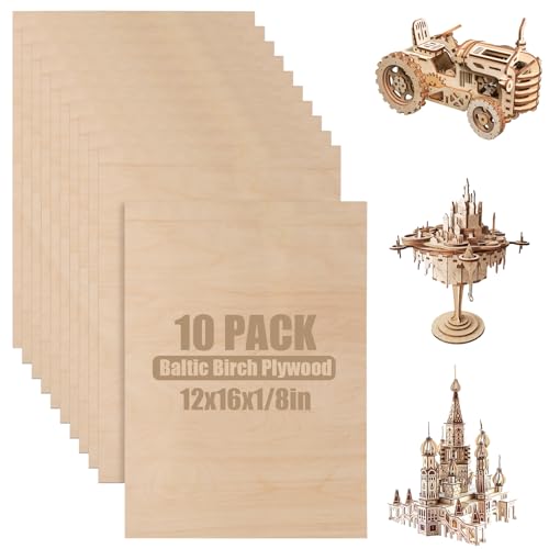 10Pcs 16 x 12 x 1/8 Inch Baltic Birch Plywood Sheets 3mm Unfinished Plywood Sheet for Arts and Crafts, Painting, Pyrography, Wood Engraving, Wood Burning, Laser, Architectural Models