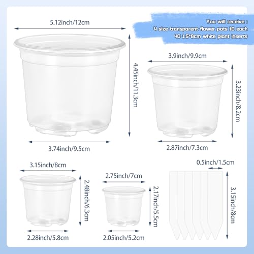 VOKOY 40 Pack 5/4/3/2.75 Inch Clear Nursery Pots with 40 Plant Labels, Clear Plant Pots with Drainage Hole Plastic Transparent Variety Pack Garden Flower Seedling Pot Small Planter Containers - size: 5/4/3/2.75 Inch - 40pcs