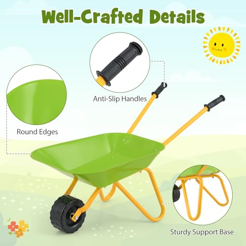 Costzon Kids Wheelbarrow, Metal Construction Toys Kart, Child Wheel Barrel w/Non-Slip Handle, Wearable Wheels, Yard Rover Steel Tray, Tote Dirt/Leaves/Tools in Garden for Toddlers (Light Green) - color: Green, size: 29" x 14" x 17"( L x W x H )