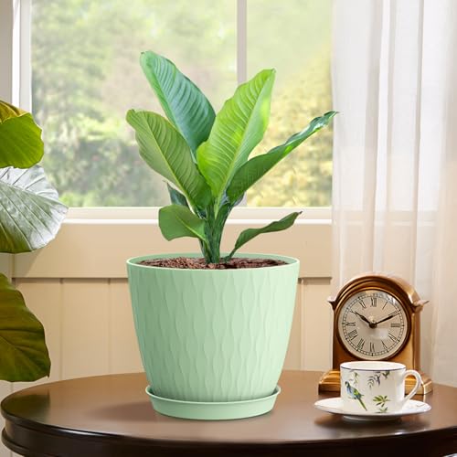 WSMKSZ 6 inch Plant Pots, 5 Pack Flower Pots with Drainage Holes and Saucers for Indoor Plants, Plastic Planters with Water Ripple for Small Garden House Plants, Nursery Pots for Succulent, Green - color: Green, size: 6inch 5pcs