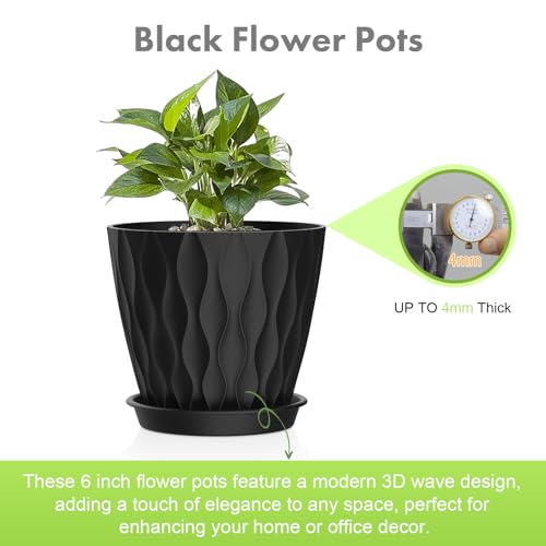 Meowell 6 inch Plant Pots, 5 Pack Flower Pots for Indoor Outdoor Plants, Water Ripples Plastic Planters with Drainage Holes and Saucers, Nursery Pots for Small Succulent Garden House Plants, Black - color: Black, size: 6 inch 5 pieces