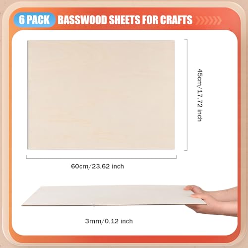 AWIZOM 6 Pack Basswood Sheets for Crafts-18 x 24 x 1/8 Inch- 3mm Thick Plywood Sheets with Smooth Surfaces Unfinished Wood Boards for Laser Cutting, Wood Burning, Architectural Models, Staining - size: 18 x 24 x 1/8 Inch