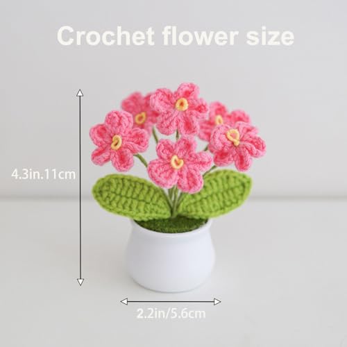 Crochet Flowers Cute Potted Flower, Handmade Knitting Myosotis Flower Gift for Birthday, Teacher’s Day, Anniversary, Christmas, Valentines, Decor for Women Home Office Desk - color: Dark Pink
