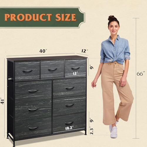 WLIVE Tall Dresser for Bedroom, 9 Drawer Chest of Drawers, Black Wood Grain - color: Charcoal Black Wood Grain Print