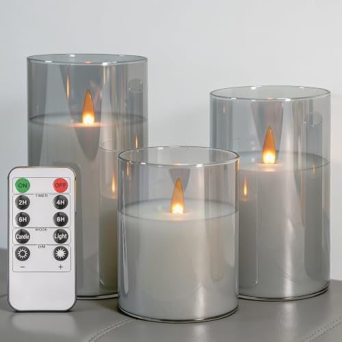 NICEME Radiance Evanescing Flameless Candles with Remote, 3 Pack Glass Battery Operated Candles with Timer, Real Wax Glass LED Candles Flickering Wedding Home Party Christmas D3 x H4 5" 6" Gray - color: White + Gray Acrylic, size: D 3”×H 4”5”6”