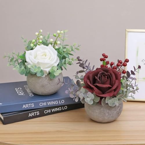 Small Artificial Burgundy Rose Potted Plant, 2 Pcs Mini Faux Decor - color: 2pcs Burgundy