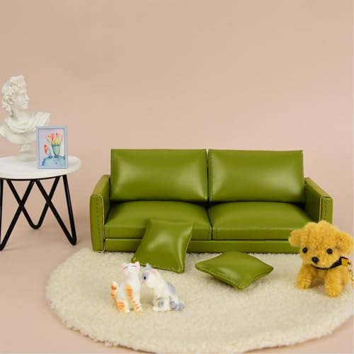 1:12 Dollhouse Leather Double Sofa&Pillows, Living Room Accessories Decor - color: Green