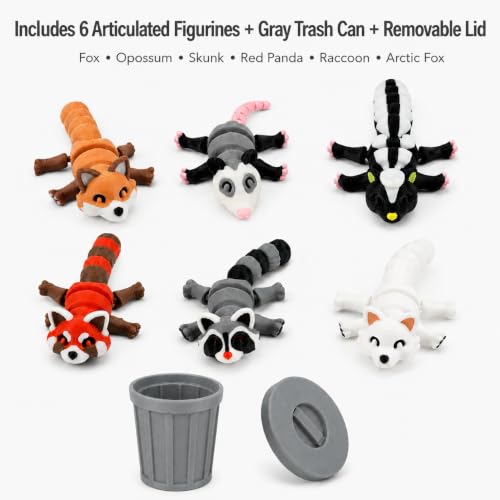 3D-Printed Woodland Animal Figurines, 8-Piece Articulated Raccoon, Fox, Skunk, Opossum, Red Panda and Arctic Fox Set with Gray Trash Can - color: Gray