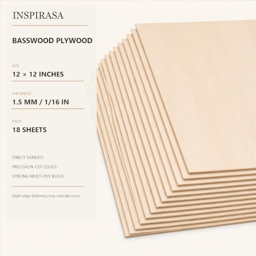 Basswood Plywood Sheets, 12 x 12 in, 1.5 mm, 18 Pack - size: 12 x 12 x 1/16 Inch