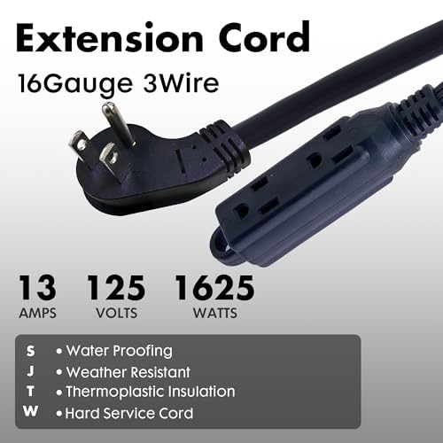 10 Ft Black Flat Plug Extension Cord with 3 Outlets, 16 Gauge Heavy Duty - color: Black, size: 10 FT