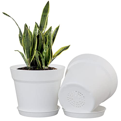 WOUSIWER 16 Pack 6 inch Plastic Planters for Indoor Flower Pots, Heavy Duty and Stylish 6 Inch Plant Pots for Indoor Plants with Drainage Holes and Tray for Plants, Flowers, White - color: White