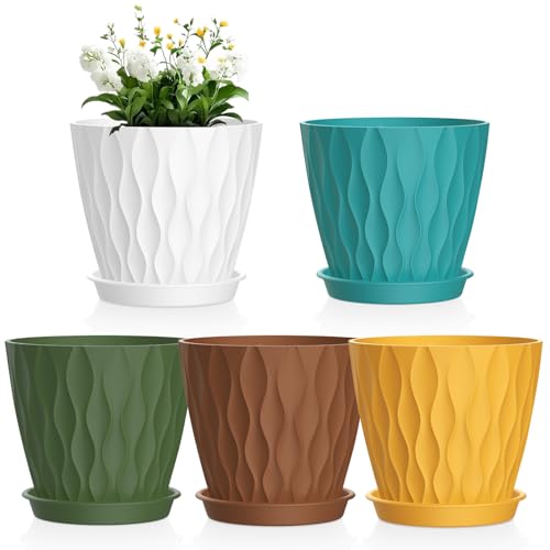 Meowell 6 inch Plant Pots, 5Pack Water Ripple Flower Pots for Indoor Outdoor Plants, Plastic Planters with Drainage Holes and Saucers, Nursery Pots for Small Succulent Garden House Plants, Multicolor - color: Colorful, size: 6 inch 5 pieces