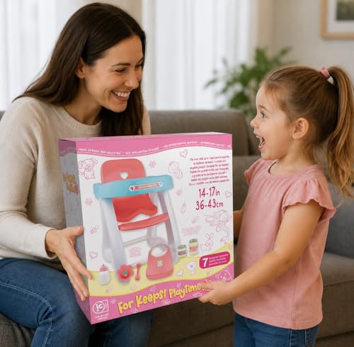 JC Toys - Doll High Chair | Fits Dolls up to 17" | Easy to Clean | Simple Assembly | 7 Piece Play Set| Ages 2+, Pink/Blue - color: Pink/Blue High Chair Set