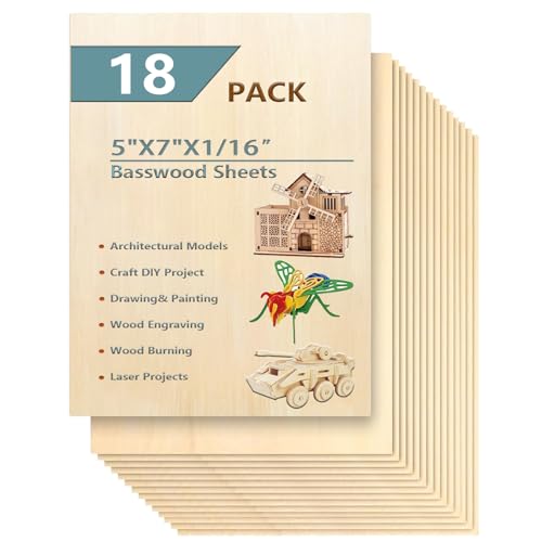 18 Pack Selected Basswood Sheets for Crafts-5 x 7 x 1/16 Inch- 1.5mm Thick Plywood Sheets - Balsa Wood Sheets -Unfinished Wood Boards for Laser Cutting, Wood Burning, Architectural Models, Staining - color: 5"x7"x1.5mm