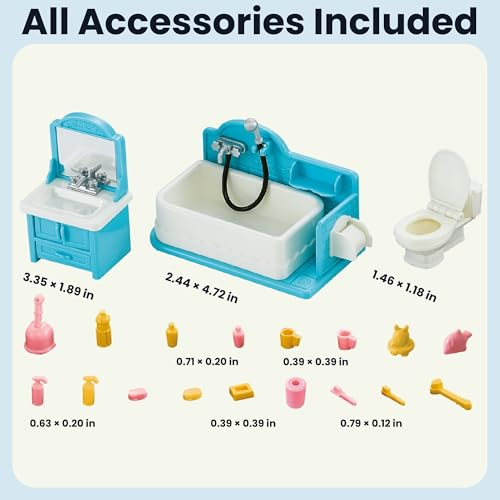 Family Dollhouse Bathroom Set — Bathtub with Hand Shower, Sink with Mirror & Toilet, Soap, Toothbrush & Toilet Paper Roll — Dollhouse Furniture & Accessories for Ages 3+ - style: Bathroom Set