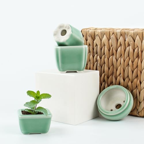 Bonsai Planter Succulent 4pc 2.4-2.8" (6-7cm) Mini Green Pots - color: Green 4pc