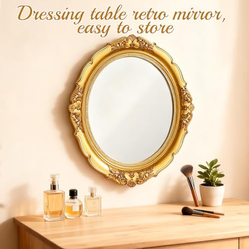 4 PCS Vintage Gold Mirror Set Vintage Mirrors for Wall Antique Shield Shape Square Oval Decorative Mirror Jewelry Dresser Organizer Tray for Living Room Bedroom Wedding Desktop Photography Decoration