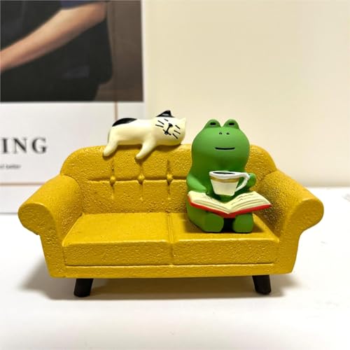 Miniature Yellow Sofa Figurine Set with Reading Frog and Cat, Cute Desk Decor, Funny Gifts for Frog and Cat Lovers - style: Yellow Sofa Frog