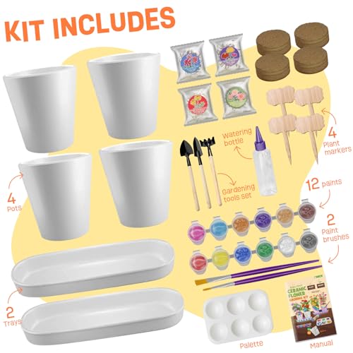 Tekoly 4 Set Paint & Plant Flower Gardening Kit, Gifts for Girls Ages 8-12