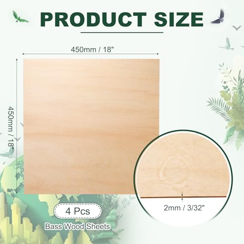 HARFINGTON 4pcs 2mm Basswood Plywood Sheet 18"x18"x3/32 Thin Plywood Board - size: 18"x18"x3/32"(2mm Thick)