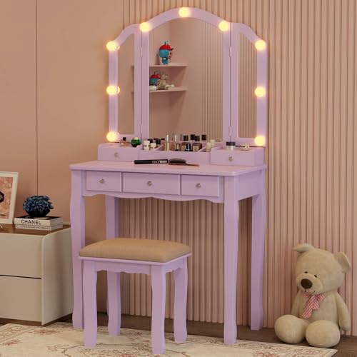 Purple Vanity Desk with Mirror and Lights Purple Vanity for Girls Makeup Vanity Desk with Lights Vanity Table with Lighted Mirror Make Up Vanity Desk with Drawers and Chair Set - style: Purple