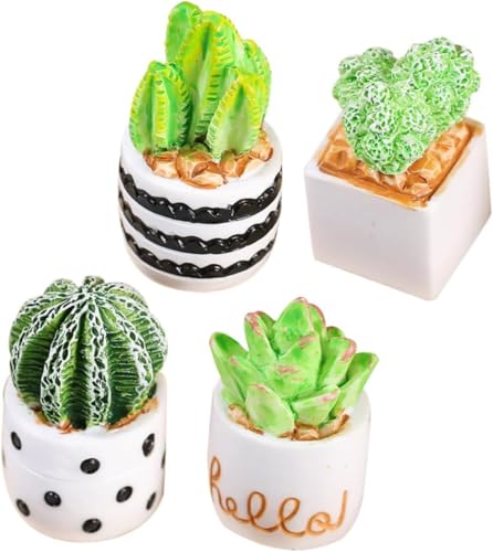 4Pcs Mini Cactus Succulent Resin Ornaments - Cute Car Dashboard Figurines Flower Pot Set - Fairy Garden，Birthday Cakes Decoration，DIY Aquascape Kit, Aquarium Moss Layout Desktop Landscape Accessories.