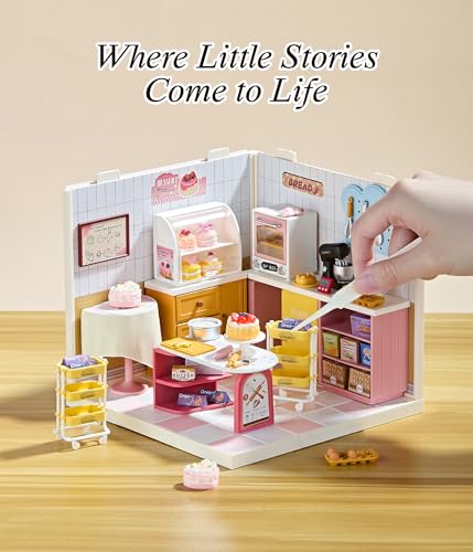 Bakery Shop DIY Miniature House Kit with Roof & LED Light, Stackable & Connectable Dollhouse Kit with Dustproof Door, Creative DIY Crafts Building Toy Gift for Adults Teens - color: Baking, size: Meduim