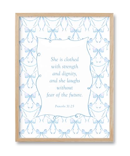 HesenDot 12x16in Proverbs 31:25 Christian Natural OAK Wood Framed Wall Art - color: Blue Bow Proverbs 31:25
