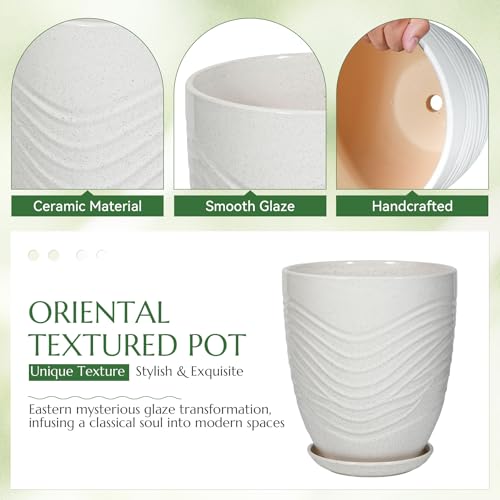 9.5 Inch Flower Pots for Indoor Plants,Ceramic Planter with Saucer Drainage Leak-Proof Mesh Gardening Gloves (Water-Ripple White) - color: Water-ripple White, size: 9.5 Inch