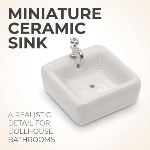 1:12 Scale Ceramic Sink with Removable Faucet - Miniature Dollhouse Bathroom and Kitchen Accessories for Victorian Style Decor, Realistic Doll House Furniture (Durable Resin Basin Set)