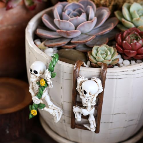 2 PCS White Skeleton Statues Pot Hugger Decorations for Plant, Miniature Skull Garden Decor Outdoor Figurines Plant Hangers Decor for Flower,Yard,Lawn Ornaments (Multicolor) - color: Multicolor