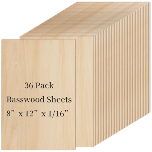 36 PCS Basswood Sheets for Crafts 8 x 12 x 1/16 in, 1.6mm Thick Unfinished Plywood for Laser Cutting Engraving, Architectural Model and DIY Ornaments
