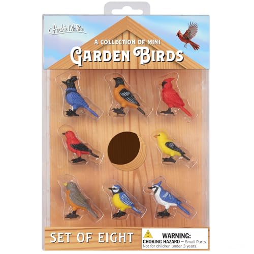 Accoutrements Archie McPhee Mini Garden Birds Collection: A Flock in Your Pocket - Set of 8 Beautiful Soft Vinyl Birds in Birdhouse-Inspired Packaging