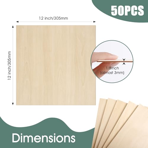 50 Pack Basswood Sheets 1/8x12x12 Inch 3mm Basswood for Laser Cutting, Drawing,Wood Burning, Architectural Models.Plywood Sheets Unfinished Wood Sheets for DIY Crafts. - size: 50P 12X12X1/8in