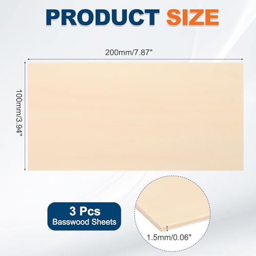 MECCANIXITY 3pcs Basswood Sheets 8x4 x 1/16" Unfinished Wood Boards Plywood - size: 8 x 4 x 1/16 Inch