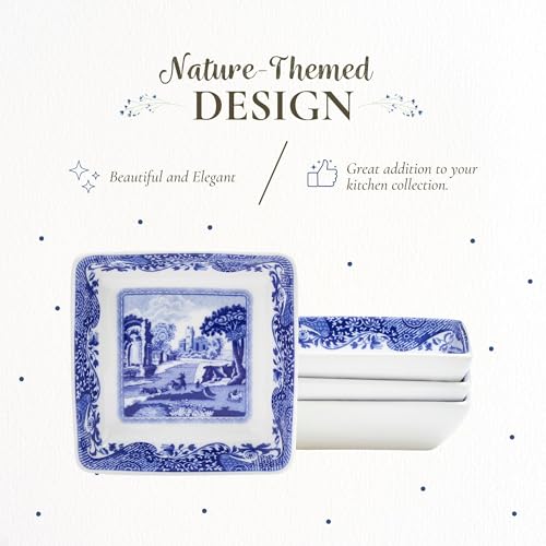Spode Blue Italian Square Sauce Dishes - Set of 4, 3-Inch Porcelain Mini Serving Bowls with Intricate Scroll Border & Scenic Motif - Decorative Tableware for Condiments & Appetizers