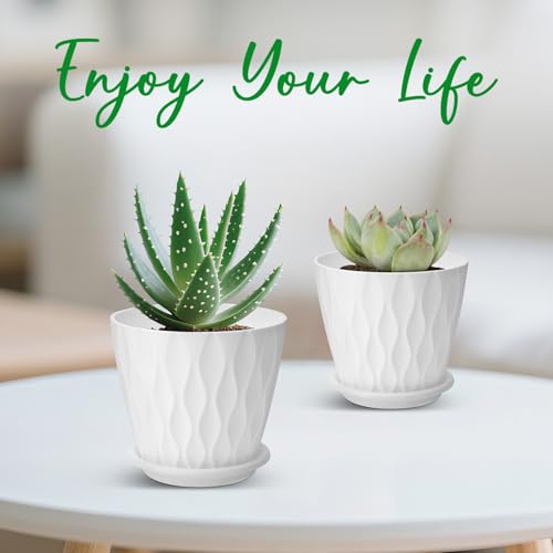 YNNICO 4 inch Plant Pots for Indoor with Drainage Holes and Tray Saucers - color: White, size: 4 inch