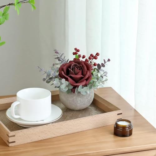 Small Artificial Burgundy Rose Potted Plant, 2 Pcs Mini Faux Decor - color: 2pcs Burgundy
