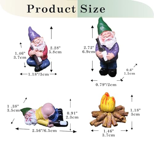 Miniature Garden Gnome Set with Campfire, 4 Piece Outdoor Indoor Decorative Resin Figurines, Sleeping Dwarfs for Yard Patio Lawn, 1.18-2.72 Inch - color: 4 Pcs Gnomes Campfire Set