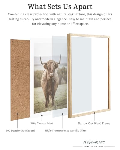 HesenDot Farmhouse Highland Cow Natural OAK Wood Framed Wall Art, 12x16in - color: Framed Highland Cow