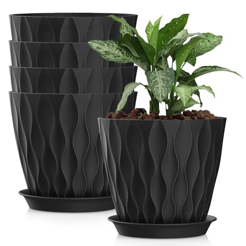 8 Inch Plastic Plant Pots,Set of 5 Flower Pots,Planters with Drainage Holes & Saucers, Indoor Outdoor Garden Pots for Home Decor (Black) - color: Black