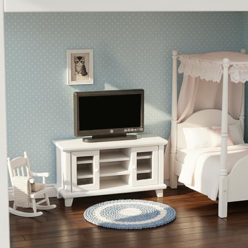 Dollhouse TV Stand with Television and Remote, 1/12 Scale Mini Miniature Furniture Accessories, White Wooden Cabinet Model for Living Room & Home Decoration, Tiny Decor Gift Set for Hobby Handcraft
