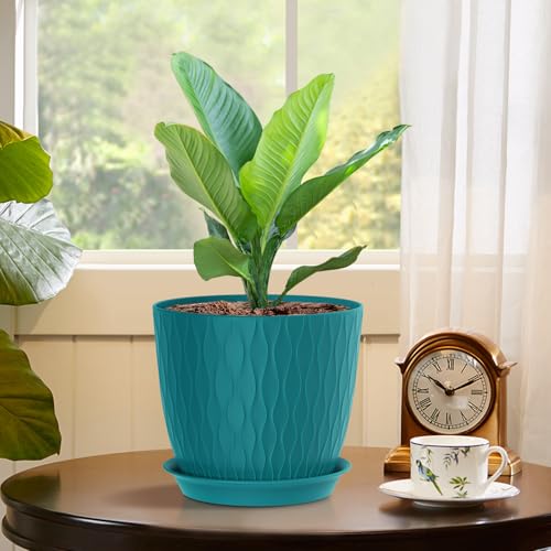 WSMKSZ 7 inch Flower Pots, 5 Pack Plant Pots with Drainage Holes and Saucers for Indoor Plants, Plastic Planters with Water Ripple for Small Garden House Plants, Nursery Pots for Succulent, Blue Green - color: Blue-green, size: 7inch 5pcs