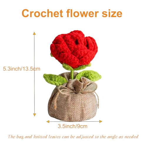 Crochet Red Rose Flowers Bouquet for Women Office Desk Decor - color: Boho Red Rose