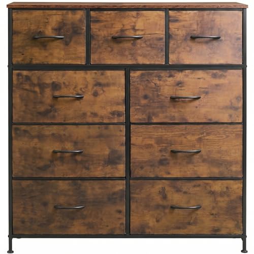 WLIVE Tall Dresser for Bedroom, 9 Drawer Chest of Drawers, Rustic Brown - color: Rustic Brown Wood Grain Print