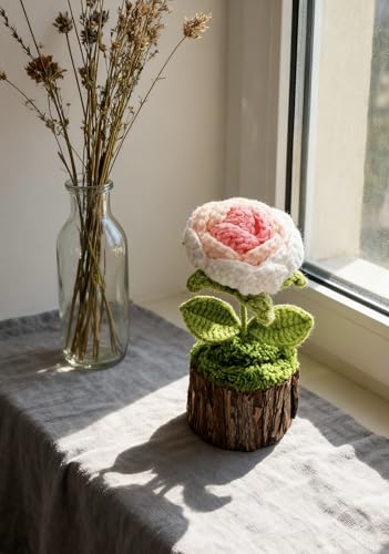Crochet Pink Rose Flowers Bouquet for Women Office Desk Decor - color: Crochet Pink Rose