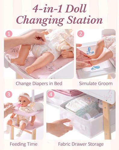 ROBOTIME 18 Inch Doll Changing Table, Wooden Baby Doll Bed with Storage Bins & Drawer, Pink Doll Nursery Furniture for 18 Inch Dolls, Baby Doll Furniture for Pretend Play
