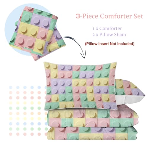 BlessLiving Building Block Comforter Set Queen - color: Macaron Building Blocks, size: Full/Queen