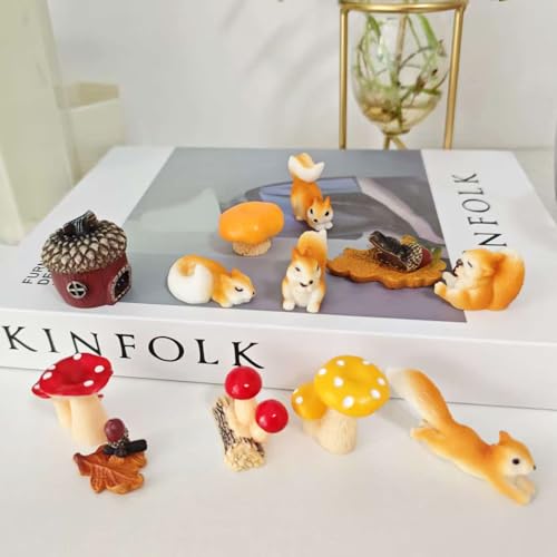 14 Pcs Miniature Squirrel Figurines Mushroom Decors Tiny Resin Squirrel Mushroom Fairy Ornament for Outdoor Landscape Garden Lawn Pot DIY Cake Decorations