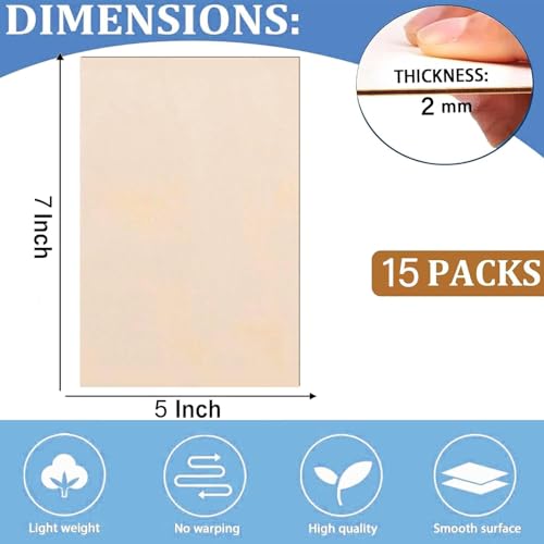 15 Pack Balsa Wood Sheets, 2mm Plywood Sheet, Basswood Sheets 5X7X1/16 Inch,Unfinished Wood Boards Blanks for Laser Cutting, Engraving, Burning, Crafts - size: 5"X7"X2mm